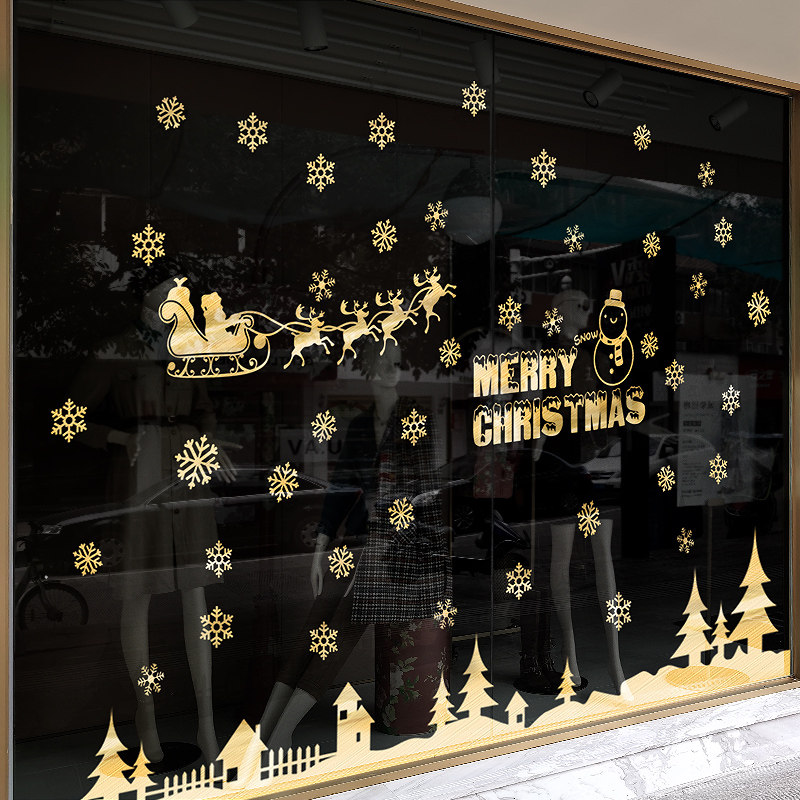 圣诞雪花鹿英文金色玻璃装饰贴纸橱窗装扮商业店面场景氛围布置