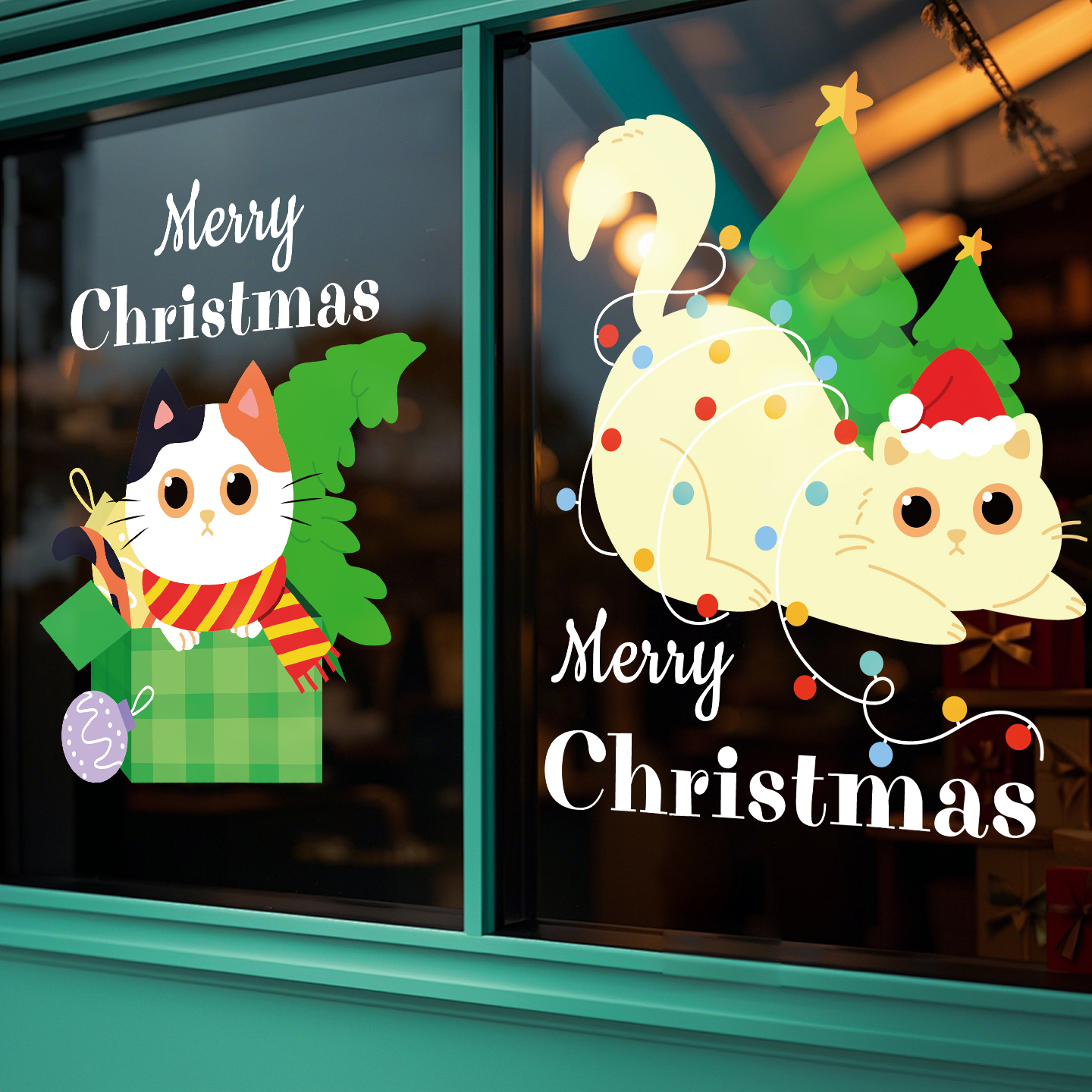 2026圣诞节装饰氛围场景布置玻璃橱窗卡通猫咪贴纸静电窗花贴画