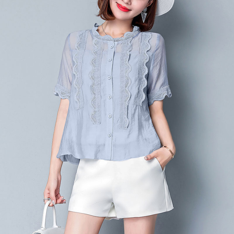 雪纺衫女春夏2020新款时尚短袖遮肚子小衫宽松显瘦百搭蕾丝衬衫潮