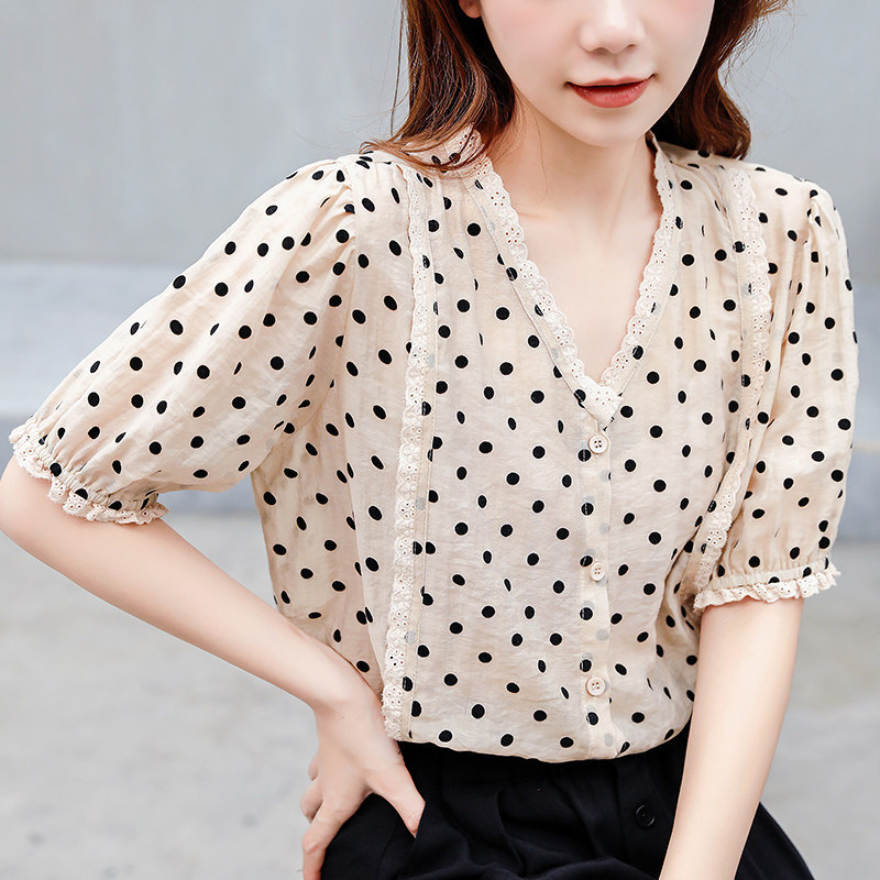 波点雪纺衫女短袖2020夏季新款韩版宽松显瘦V领蕾丝拼接衬衫上衣