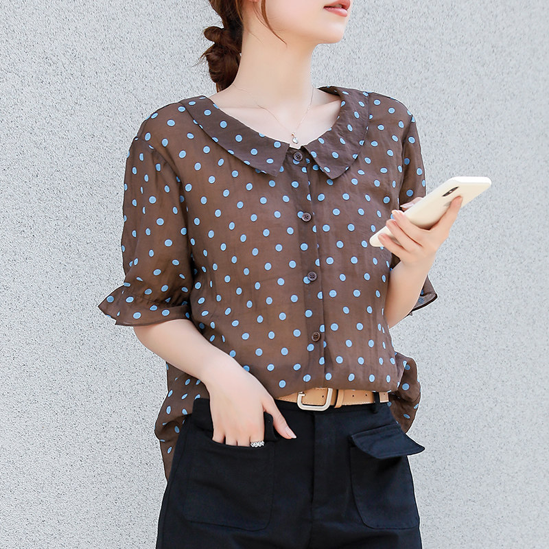波点衬衫女喇叭袖2020夏新款显瘦洋气圆点娃娃衫韩版雪纺短袖上衣