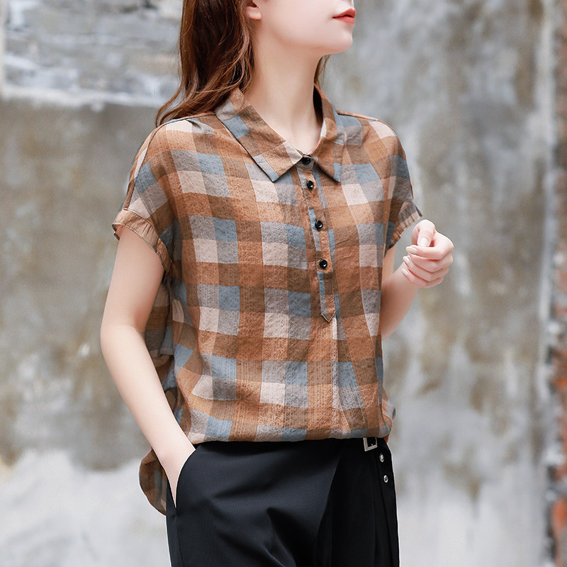 格子衬衫女半袖2020夏季新款宽松短袖设计感小众衬衣轻熟雪纺上衣