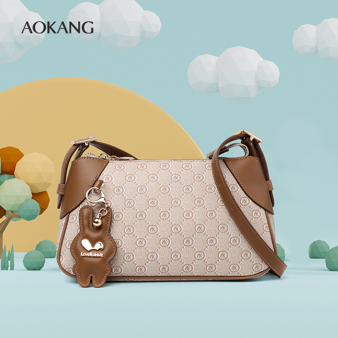 奥康2025新款真皮小包女包腋下包单肩包棕色老花印花时尚法棍包袋