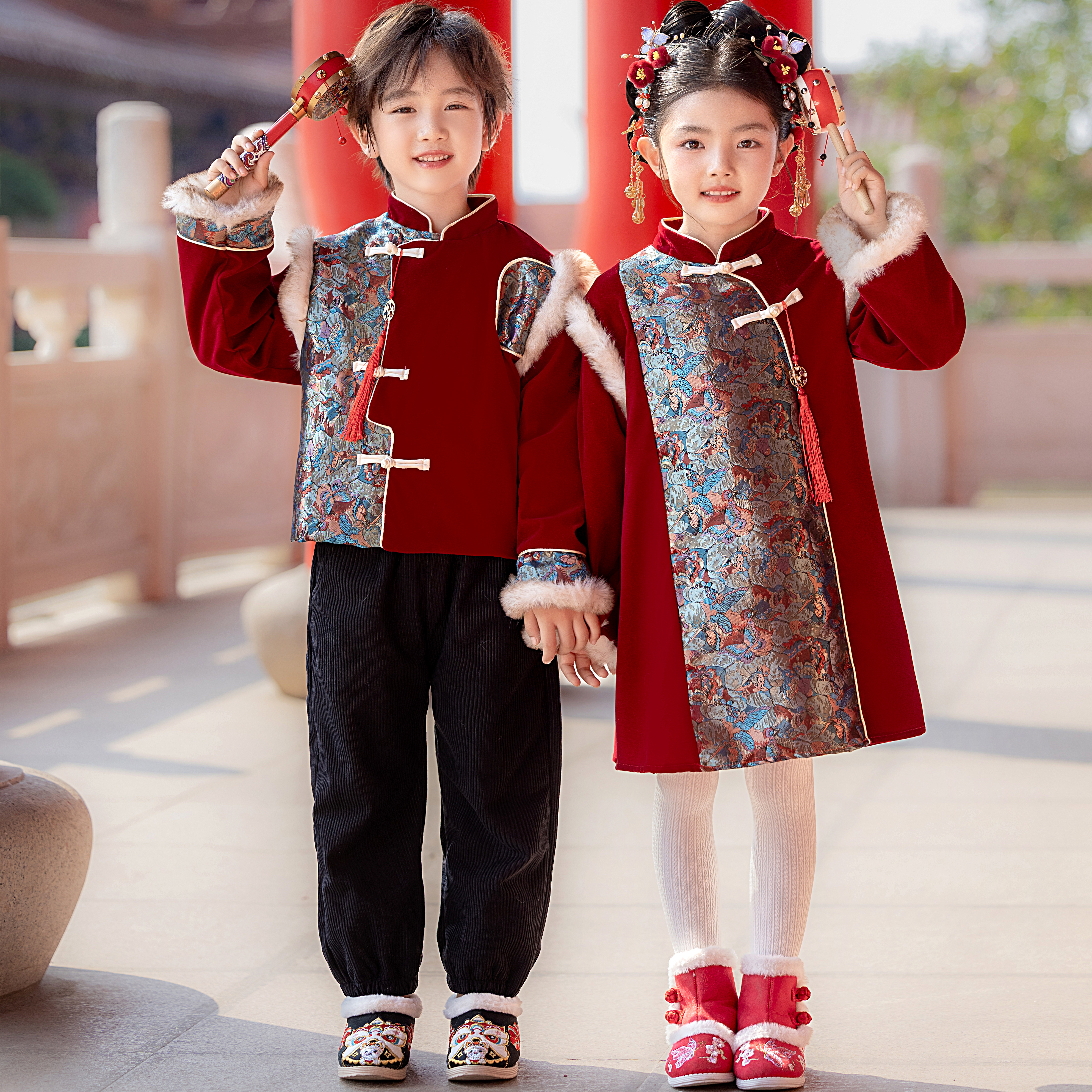 元旦表演服装红色喜庆拜年服唐装