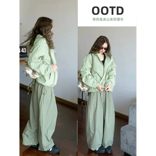 薄荷绿防晒衣山系冲锋衣女夏天宽松慵懒风运动透气防晒服薄外套