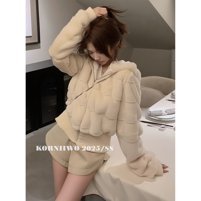 环保水貂毛皮草女短款2025冬季新款连帽加厚小个子毛毛绒外套大衣