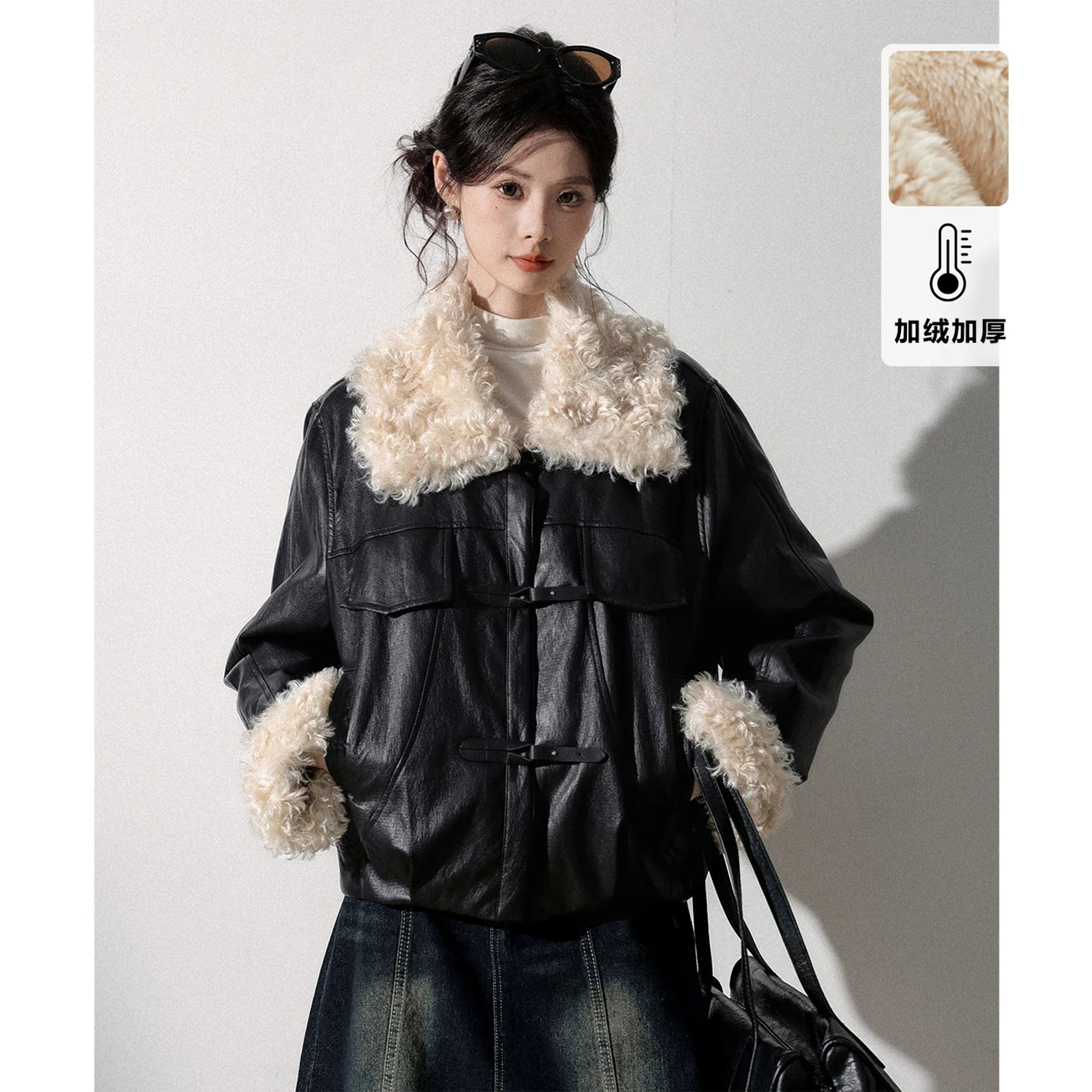 美式复古羊羔毛大翻领皮衣外套女有慵懒休闲感秋冬加绒加厚皮夹克