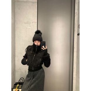 2025新款羊羔毛绒立领短外套女冬高级感加厚保暖韩系毛毛夹克上衣