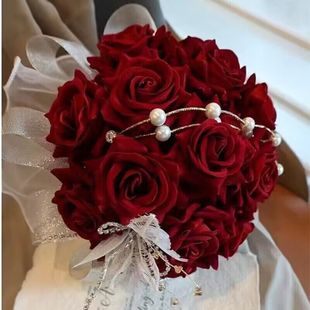 中式 婚礼新娘手捧花红色玫瑰仿真花影楼婚纱摄影假花领证登记花束