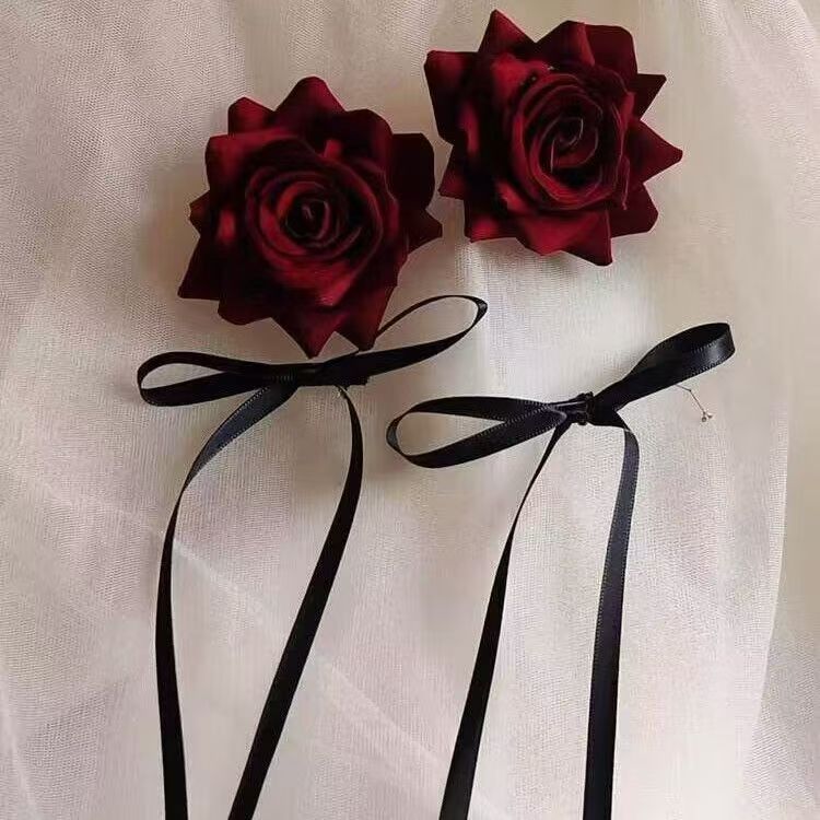 万圣节暗夜红玫瑰头花发饰女发夹编发盘发丝带头饰蝴蝶结首饰品