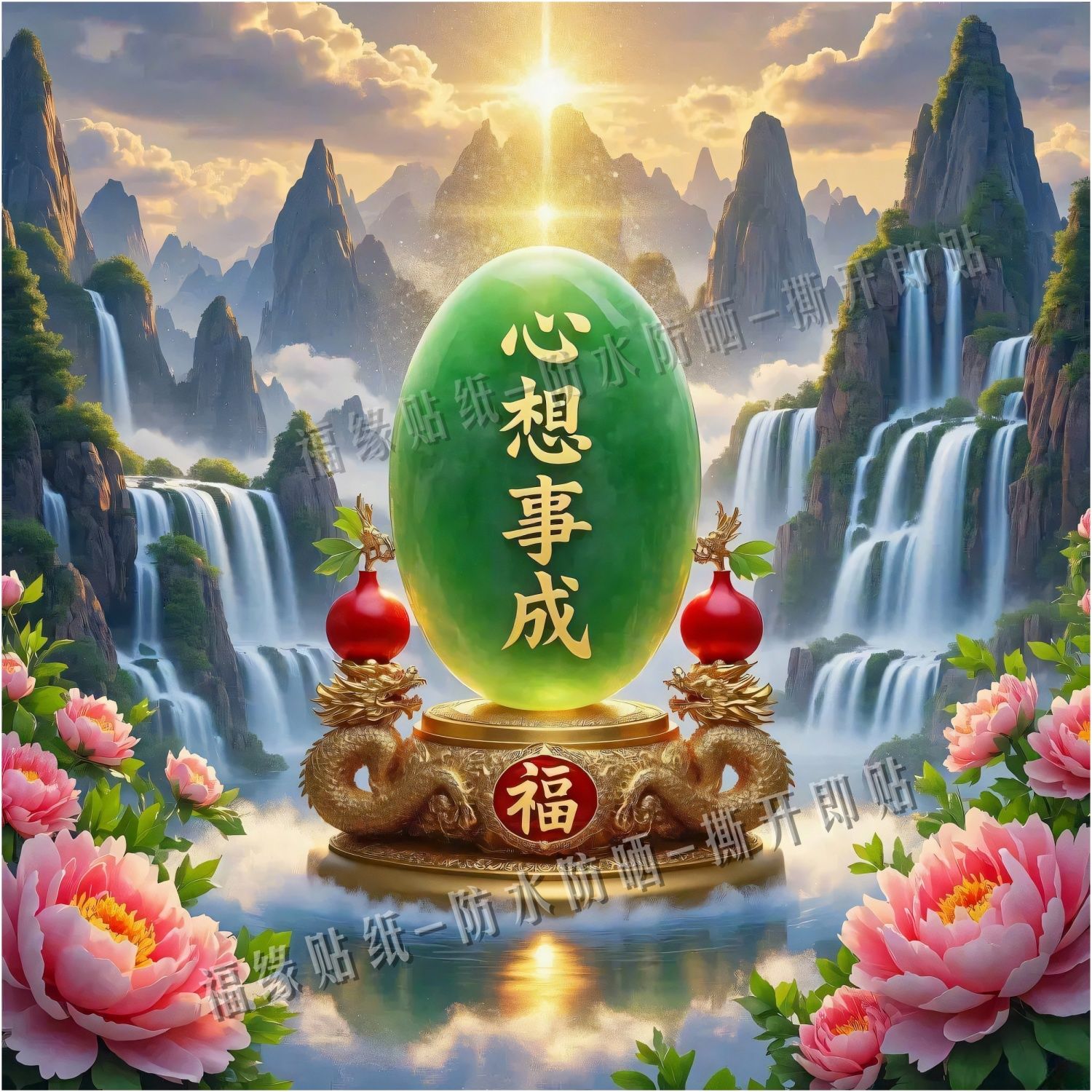 高山流水福禄吉祥心想事成自粘贴画玄关客厅卧室书房不干胶贴纸