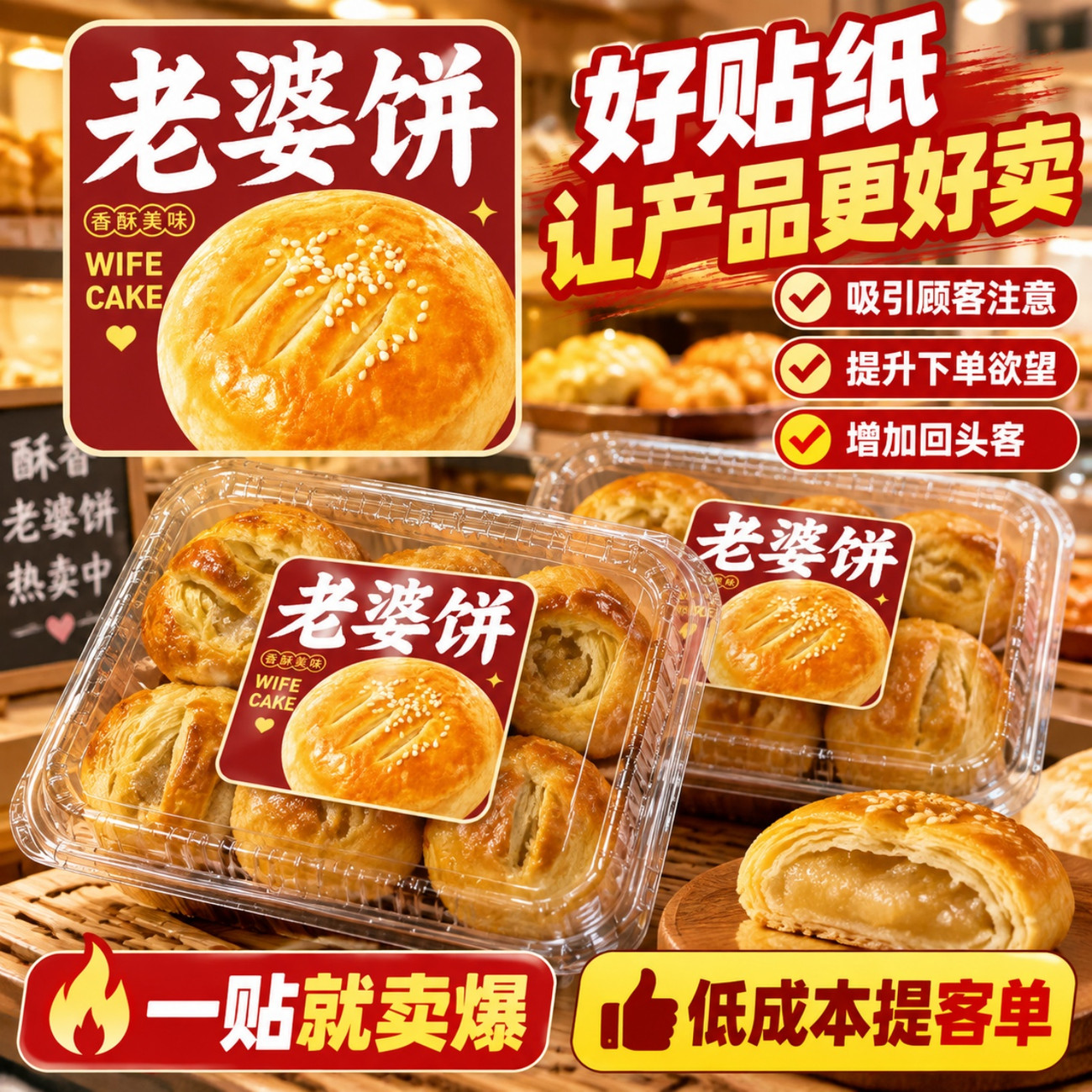 老婆饼贴纸烘焙店纯手工中式糕点盒贴面包甜点摆摊防水不干胶标签