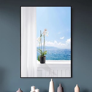 北欧清新开窗见海装 饰画芯空间延伸感客厅自粘画微喷不干胶贴纸