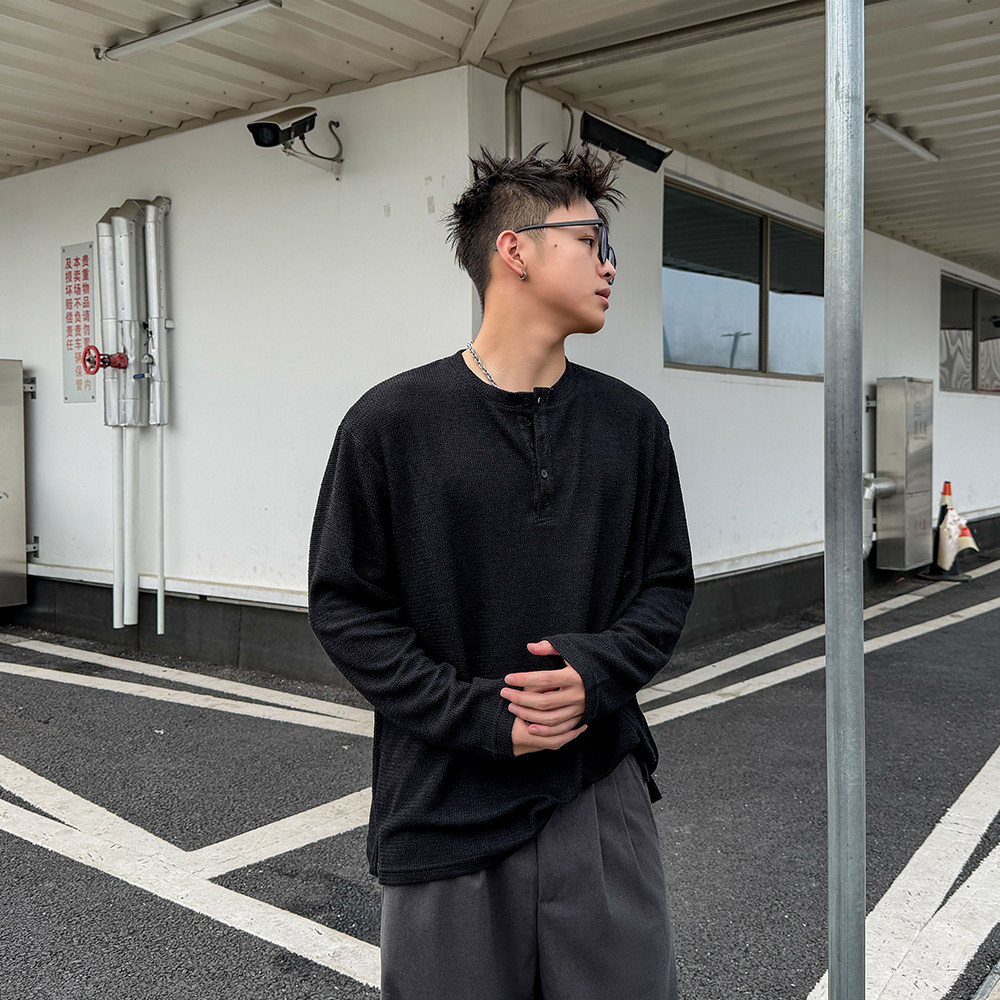 美式复古纽扣门筒领长袖T恤男早秋潮流镂空纱线宽松亨利领打底衫