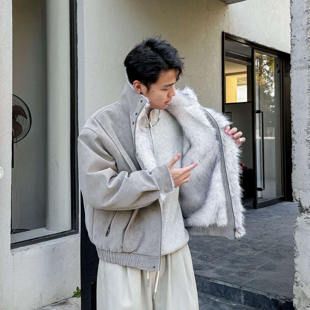 美式皮毛一体PU皮外套男2025冬季复古保暖夹克衫宽松休闲加厚皮衣