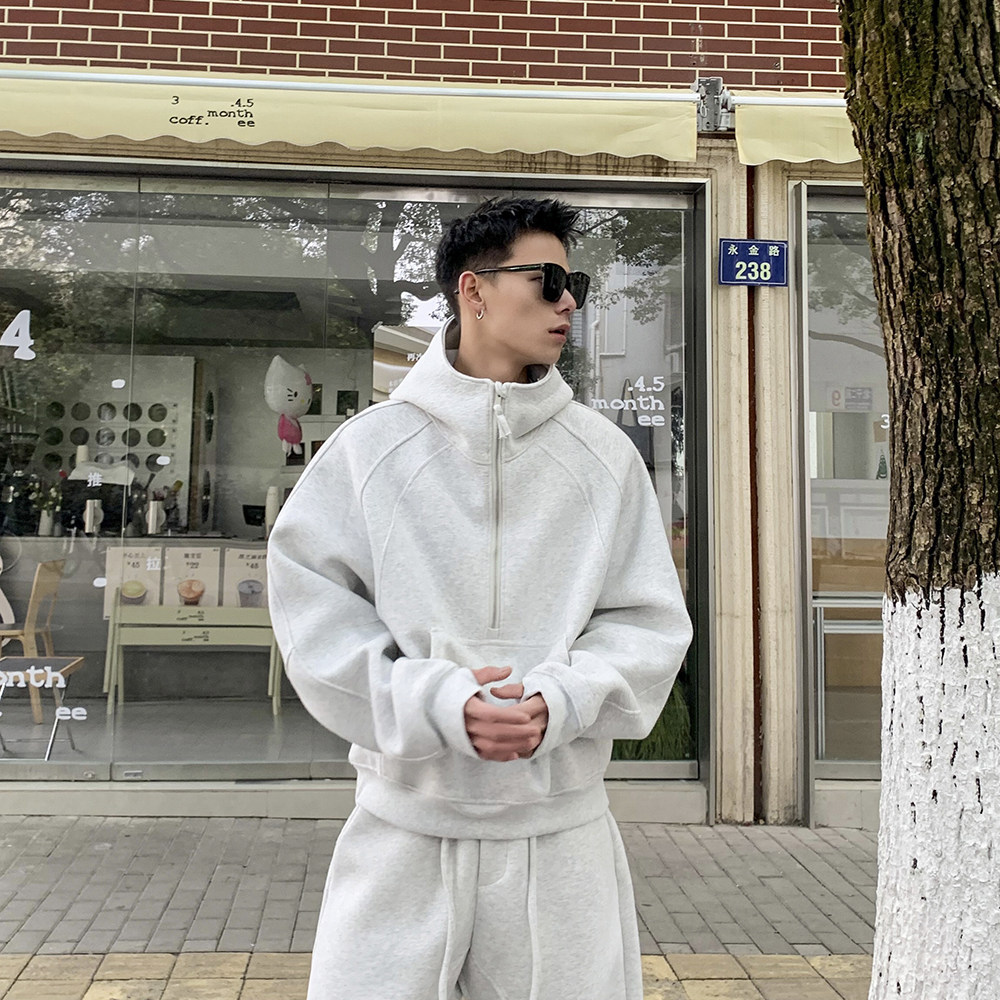 美式重磅卫衣套装男潮牌春秋2025年新款宽松半拉链外套时尚两件套,男装,时尚套装,淘宝优惠券,粉丝福利购,淘宝优惠卷