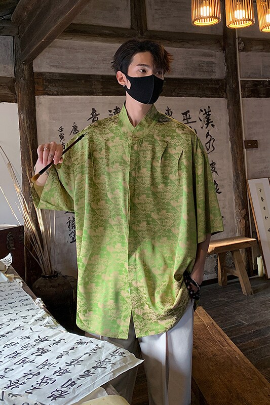 夏季男装新款冰丝松柏薄款大码短袖衬衫男外套A106-1-1819-P45,男装衬衫,电商A106-1