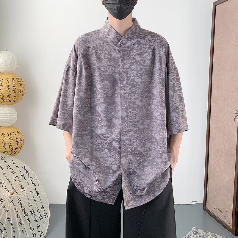 新款男装夏款大码松柏冰丝薄款短袖衬衫男外套A106-1-1819-P45,男装衬衫,电商A106-1