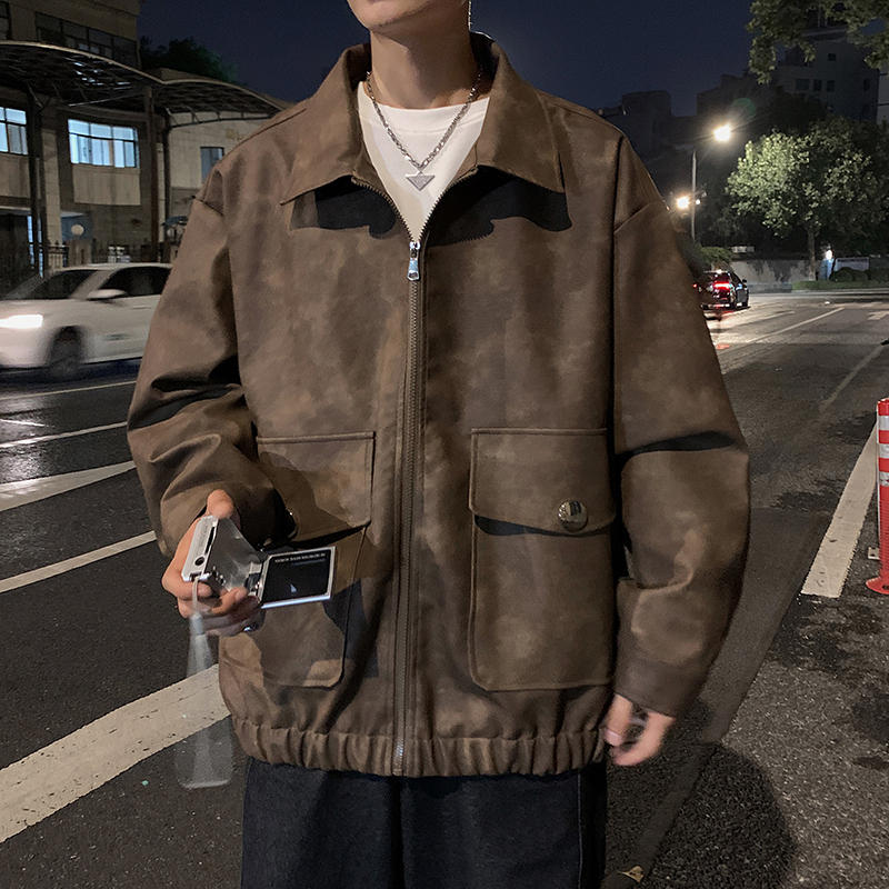 原创春秋新款夹克男大码夹克男装水洗雪花皮衣男A106-1-2300-P75，男装皮衣，电商A106-1