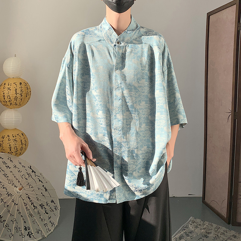 新款男装夏款大码松柏冰丝薄款短袖衬衫男外套A106-1-1819-P45,男装衬衫,电商A106-1