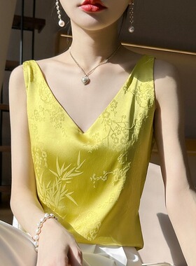 真丝RW提花吊带暗花女内搭西装白黑色打底衫缎面桑蚕丝醋酸夏v领