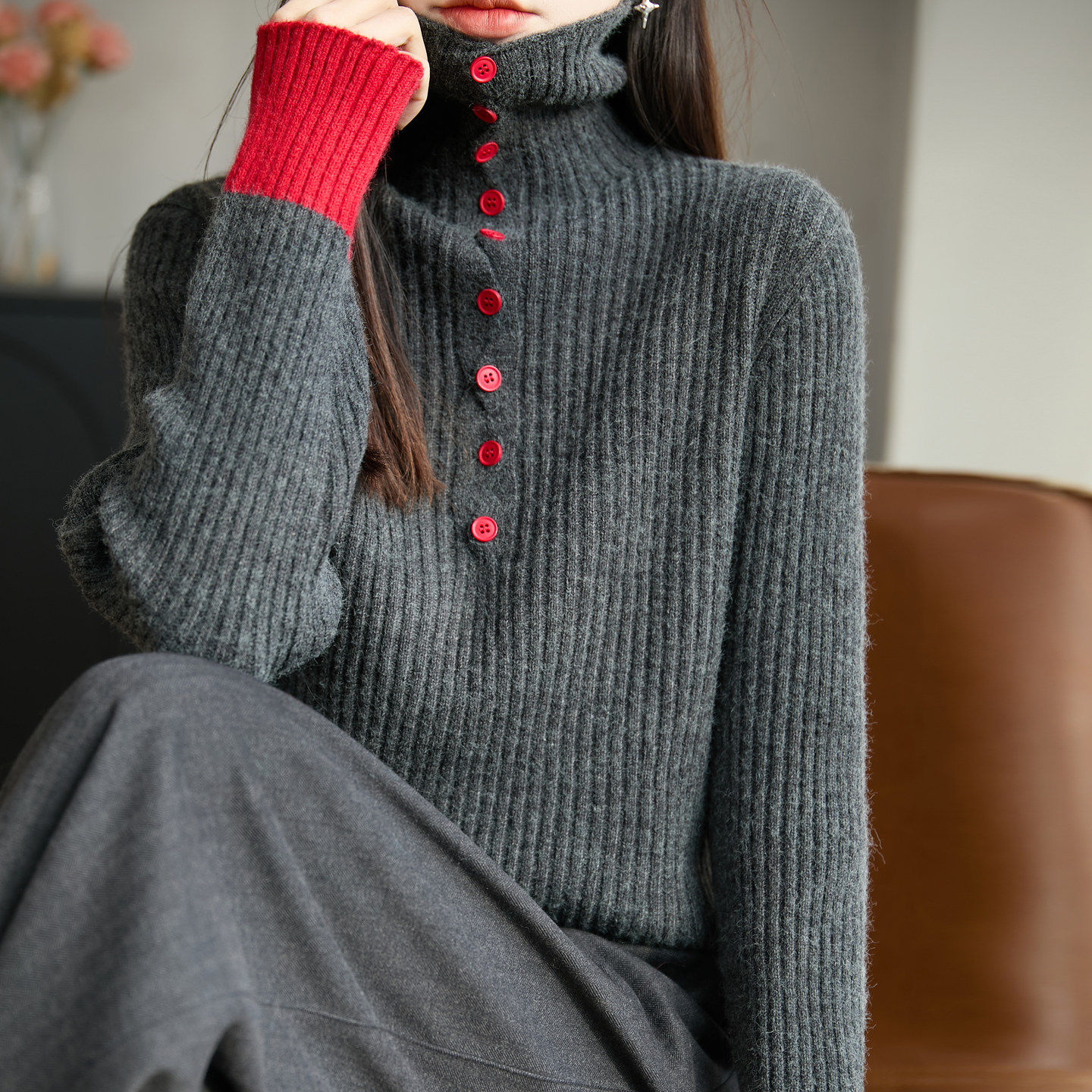 撞色秋冬新款堆堆领打底衫女加厚宽松高领毛衣女内搭针织衫洋气潮