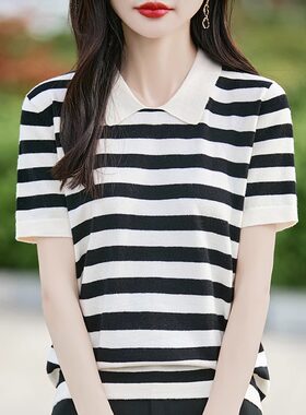 娃娃领条纹短袖t恤女宽松休闲