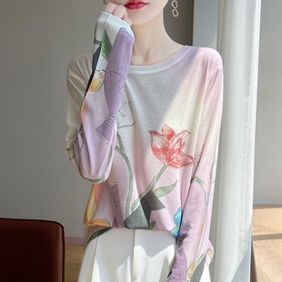 温柔风印染精纺水溶羊毛针织衫女2025春秋新款长袖宽松圆领打底衫