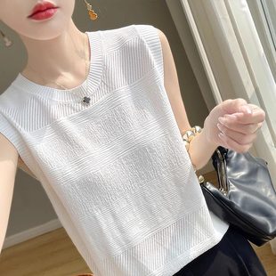 夏季薄款圆领冰丝吊带背心打底衫宽松外穿白色无袖t恤上衣针织衫