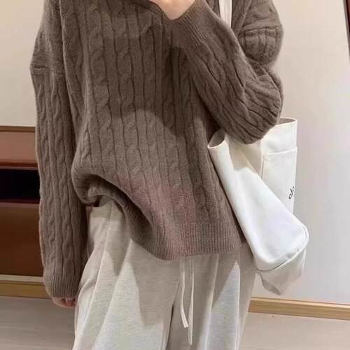 麻花毛衣女毛线衣秋季2024款连帽复古日系慵懒宽松软糯针织衫上衣