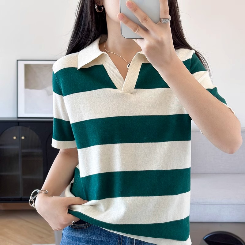 2025春夏新款棉线针织衫女Polo领条纹短袖上衣宽松显瘦打底衫半袖