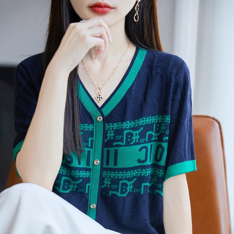 高级感提花撞色正肩短袖t恤女2025夏季新款宽松气质上衣针织开衫