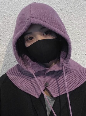 秋冬款帽子围脖一体毛线针织抽绳帽套头2023新款复古加厚保暖男女
