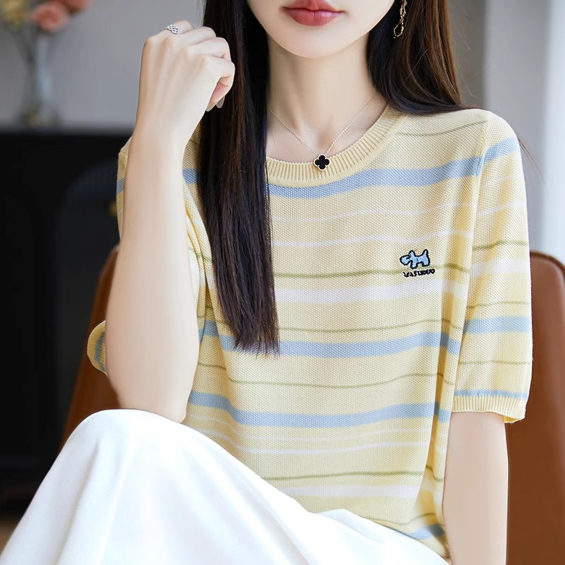 刺绣条纹莱赛尔天丝针织短袖T恤女2025夏轻薄舒适半袖t恤上衣小衫
