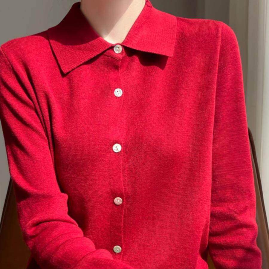 2025春季新款时髦减龄外穿衬衣女POLO领薄款针织开衫显瘦百搭上衣