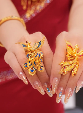 2025传承古法沙金凤舞九天戒指宫廷风渐变珐琅彩点羽金凤凰指环女