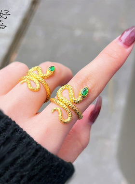 2025新款灵蛇戒指百搭祖母绿高级感可调节开口青蛇指环气质送礼女