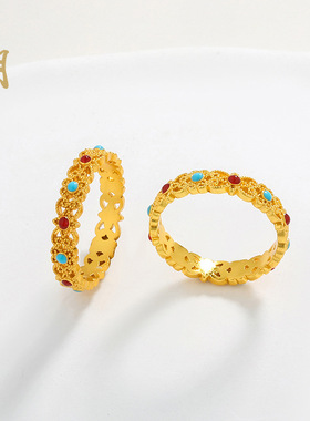 女款沙金红绿镶嵌蜻蜓眼镂空花瓣戒指黄金色蝴蝶结对戒时尚指环女