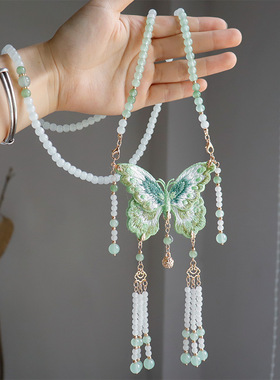 女款古风汉服软璎珞刺绣蝴蝶项坠百搭新中式马面裙配饰国风项链女