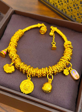 2026女款沙金黄财神吞金兽如意盘缠手镯子黄金色许愿塔桃花牌手环