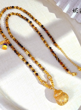 2025手作高保色镶钻爆闪香囊葫芦吊坠招财虎眼石项链新女式毛衣链