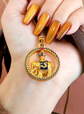 男女黄金色久不掉色沙金猛犸象吊坠烧蓝珐琅太平有象罗盘项链挂坠