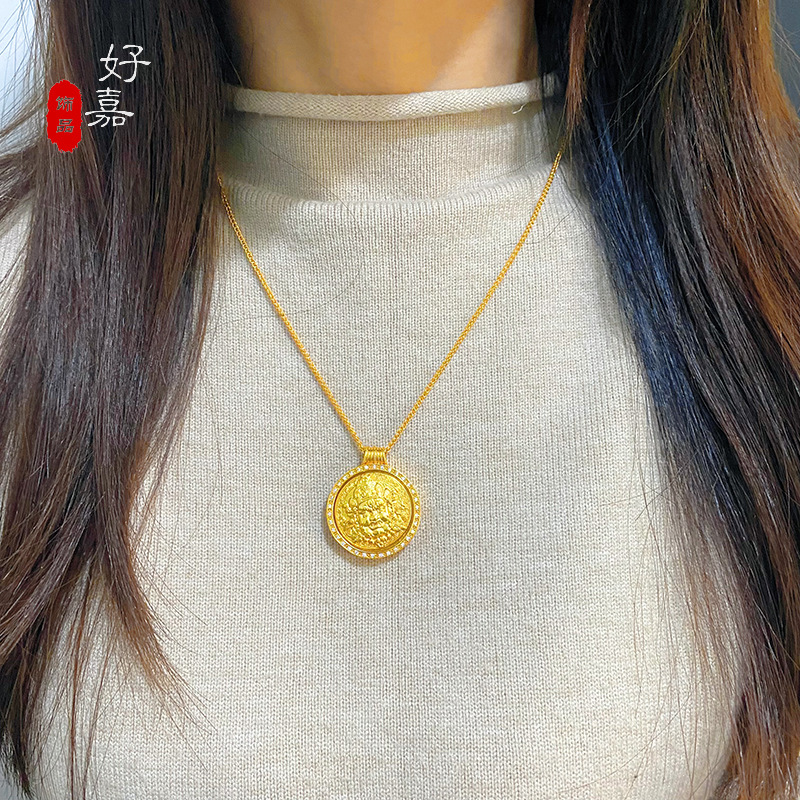 2025国潮中式点钻转动黄财神项链男女高级感铜镀金百搭时尚毛衣链