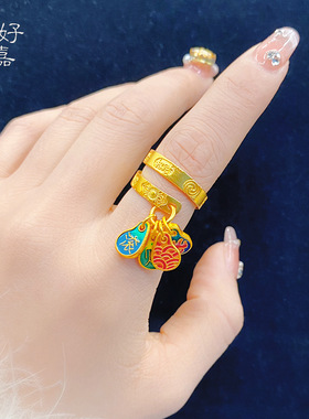 2026新款中式财源滚滚沙金戒指女可调节个性复古国潮风黄金色指环