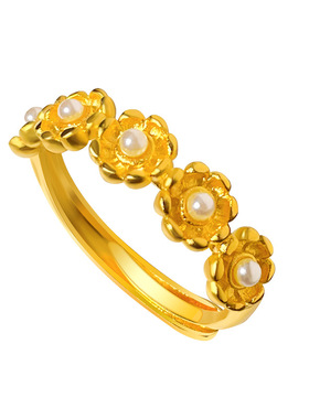 2025新款高级朵朵繁花沙金戒指女士时尚轻奢活口镶嵌仿珍珠指环女