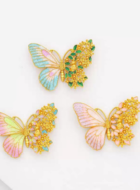 2025古法沙金珐琅彩梦幻繁花半面蝴蝶吊坠半面桂花项链diy配件女