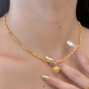 2025新款小红书同款爆闪爱心金珠项链女古法锤纹拉丝碎冰冰锁骨链