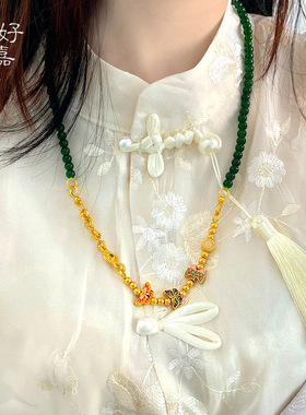 2025款新中式祖母绿珠珠烧蓝蝴蝶项链女铜镀金复古文艺宫廷风衣链