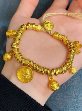 2026越南沙金黄财神吞金兽盘缠手链女平安喜乐编绳可调节手串手饰