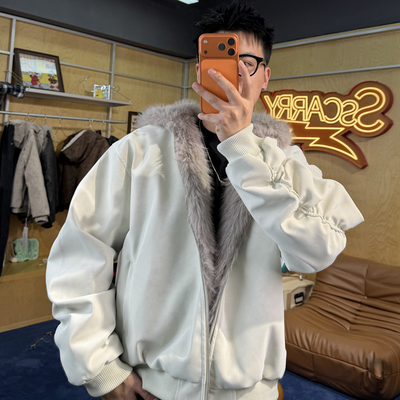 90白鸭绒百搭宽松连帽皮面羽绒服